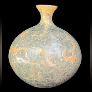Crystalline Glaze Stoneware Pottery Vase Green/Tan 7” Artist Signed Scott